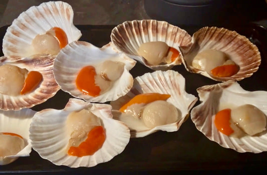 Frozen King Scallop on the half shell with roe