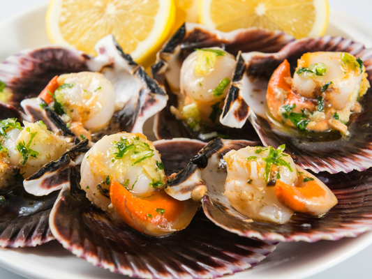 Frozen King Scallop on the half shell with roe